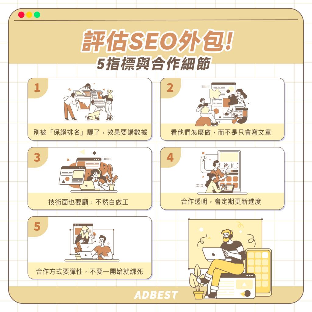 5項目評估外包SEO公司:效果要講數據、看執行策略、確認 SEO 技術面、合作透明會靜期更新進度、合作方式要彈性