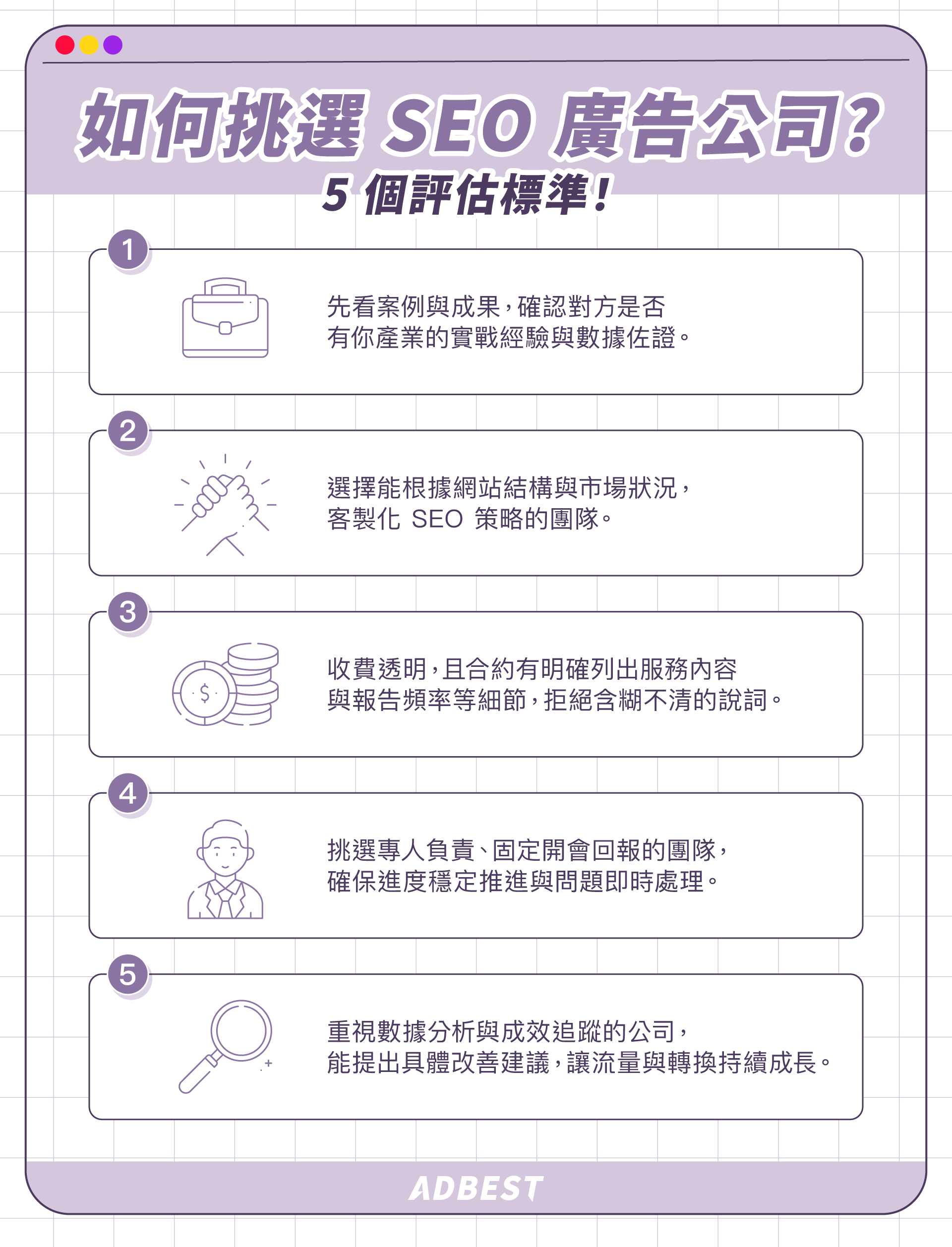 如何挑選最適合你的 SEO 公司？觀察成功案例、了解服務項目、透明的報價方式、評估溝效率與數據分析方式