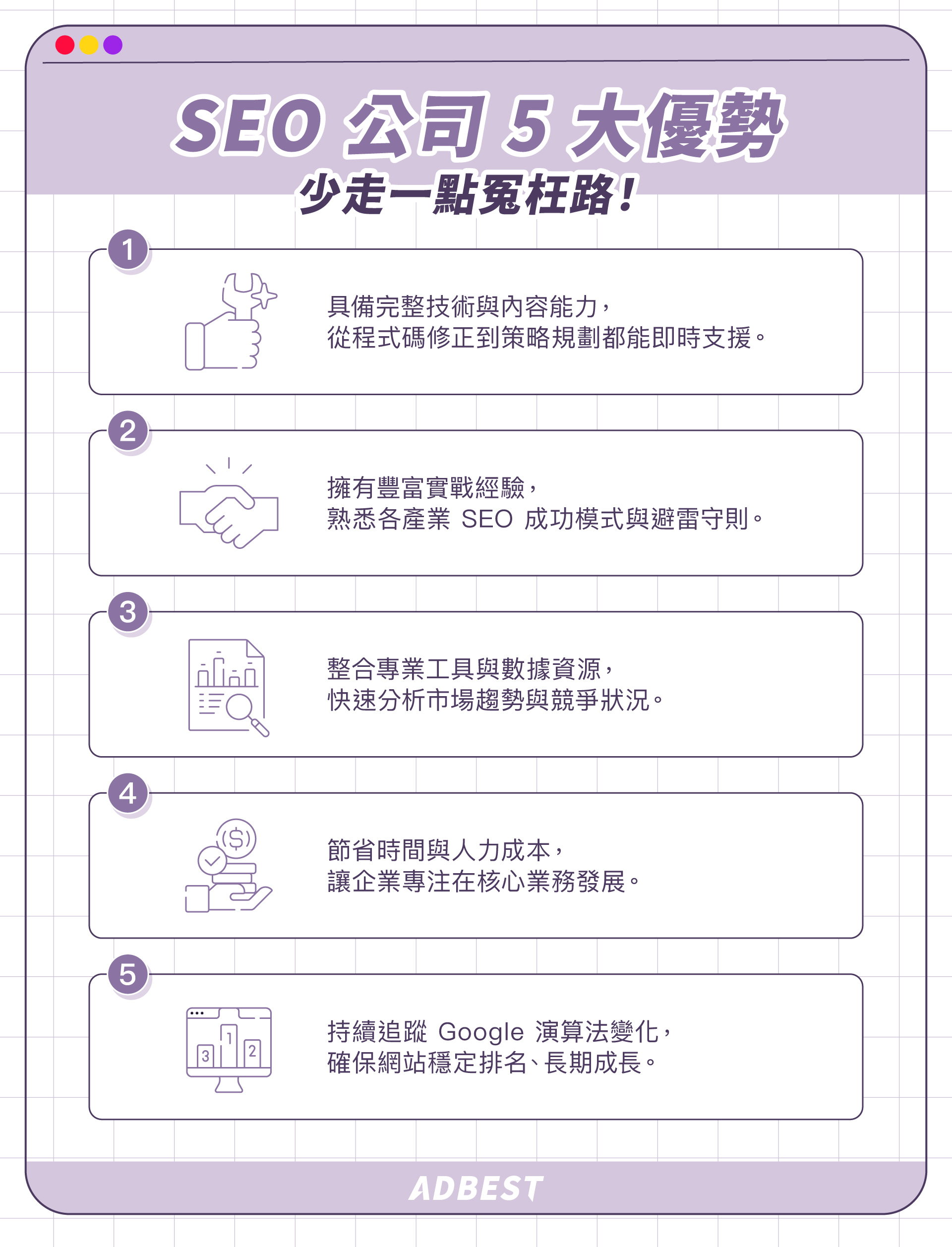 SEO 公司的 5 大優勢：專業知識、實戰經驗、資源整合、時間與成本效益、持續優化與應變能力