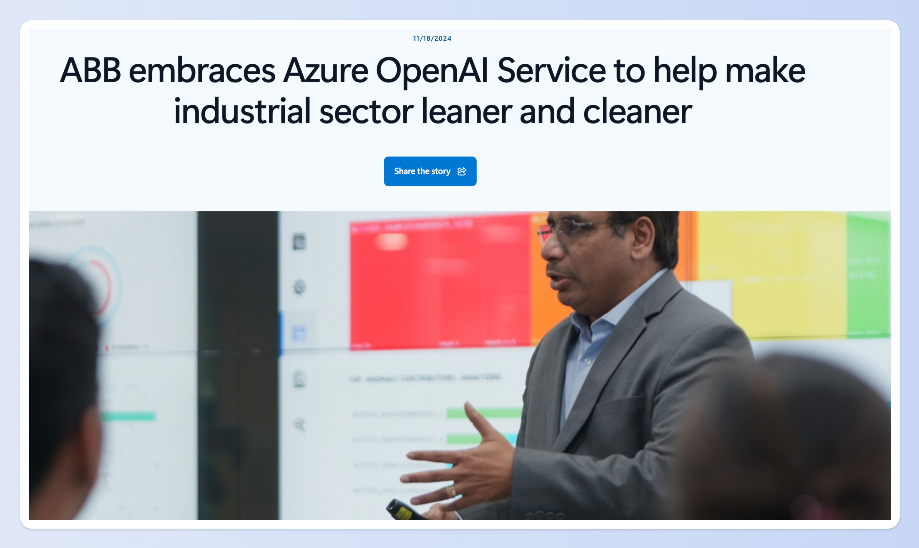 ABB (瑞士工業自動化公司)與 Microsoft 合作,將 Azure OpenAI Service 整合進 ABB 的工業數據平台