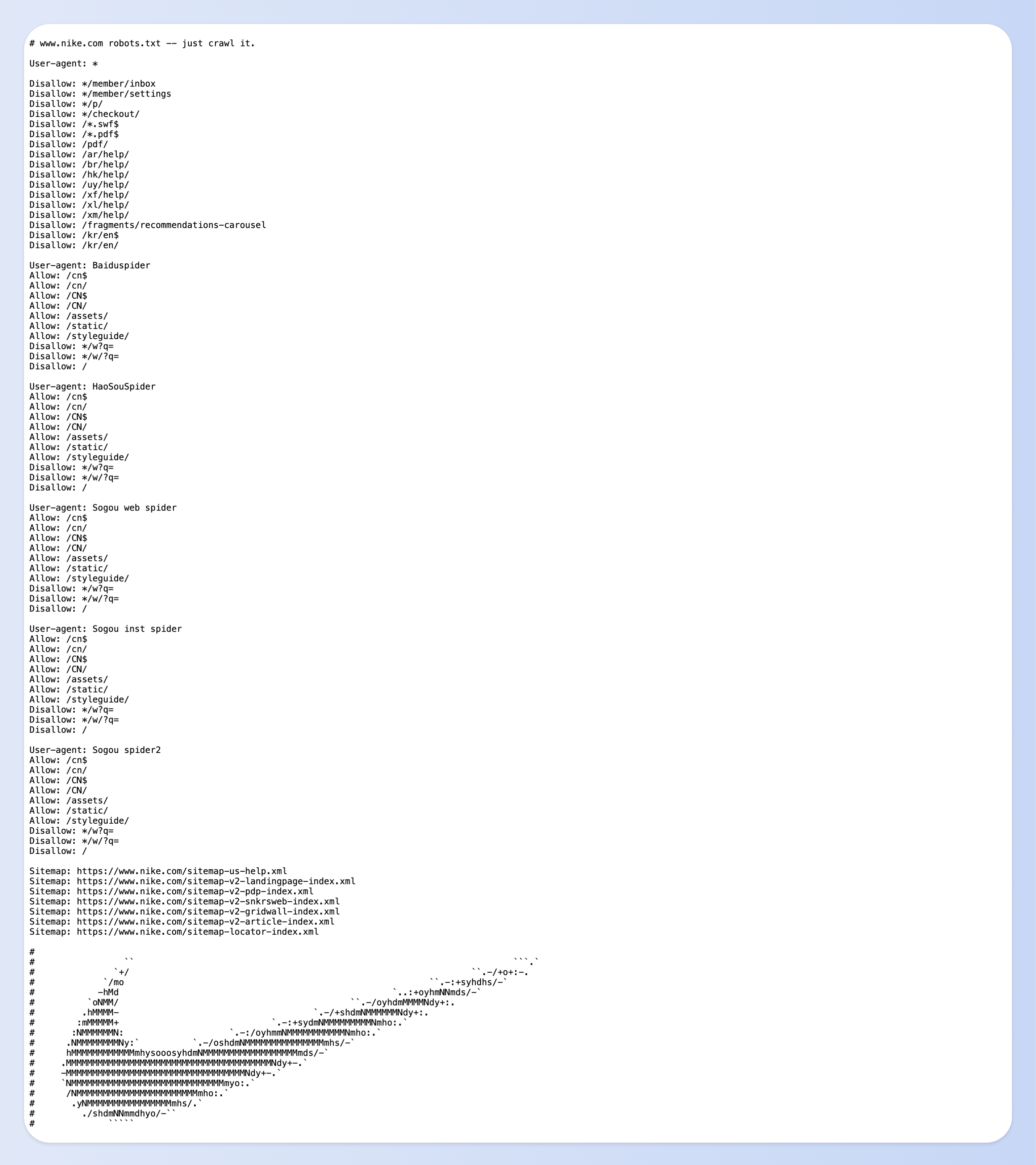 Nike在 robots.txt上直接放上品牌logo