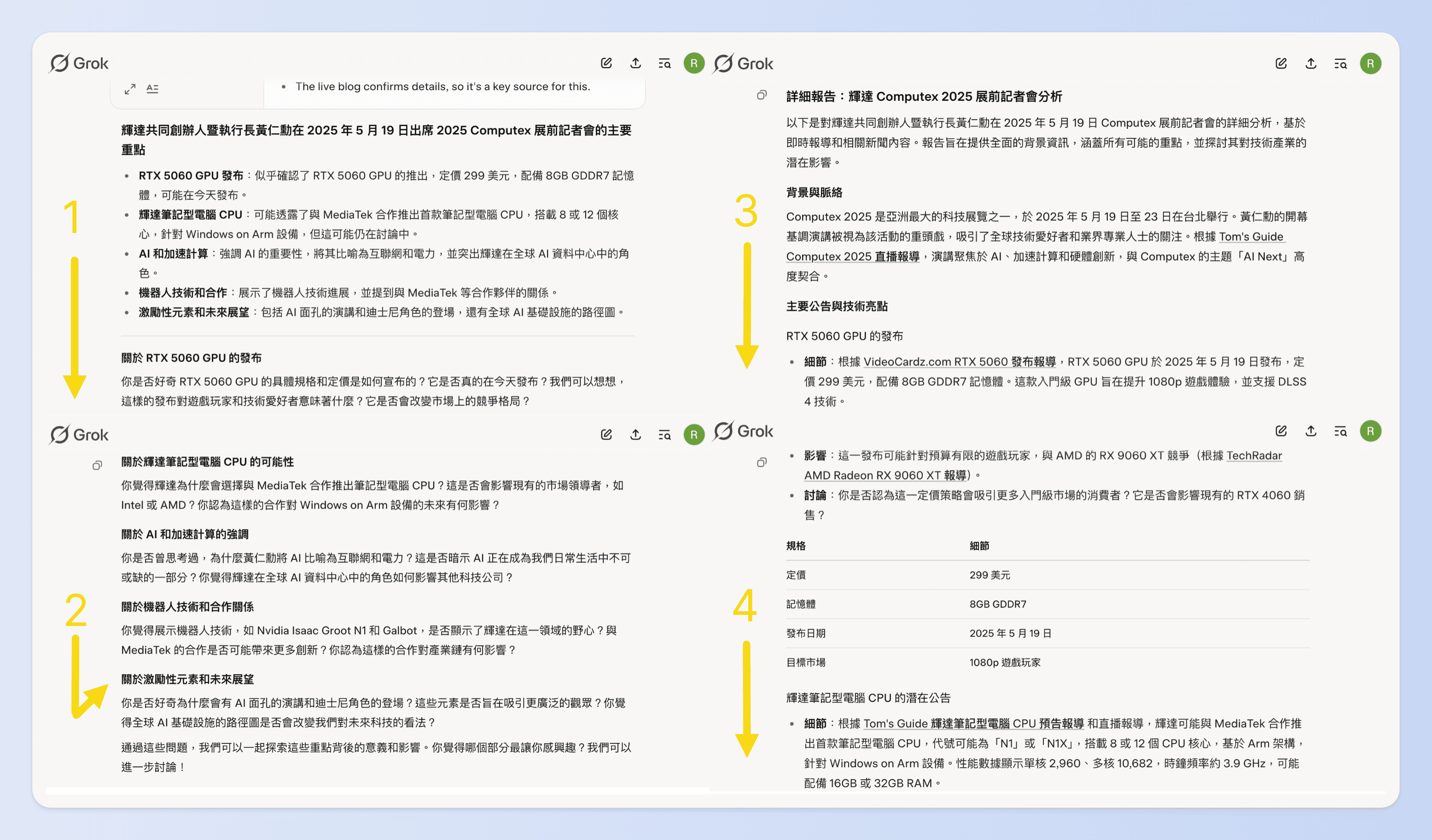 詢問 Grok「輝達共同創辦人暨執行長黃仁勳在 2025 年 5 月 19 日出席 2025 Computex 展前記者會，有什麼重點？」，回覆結果
