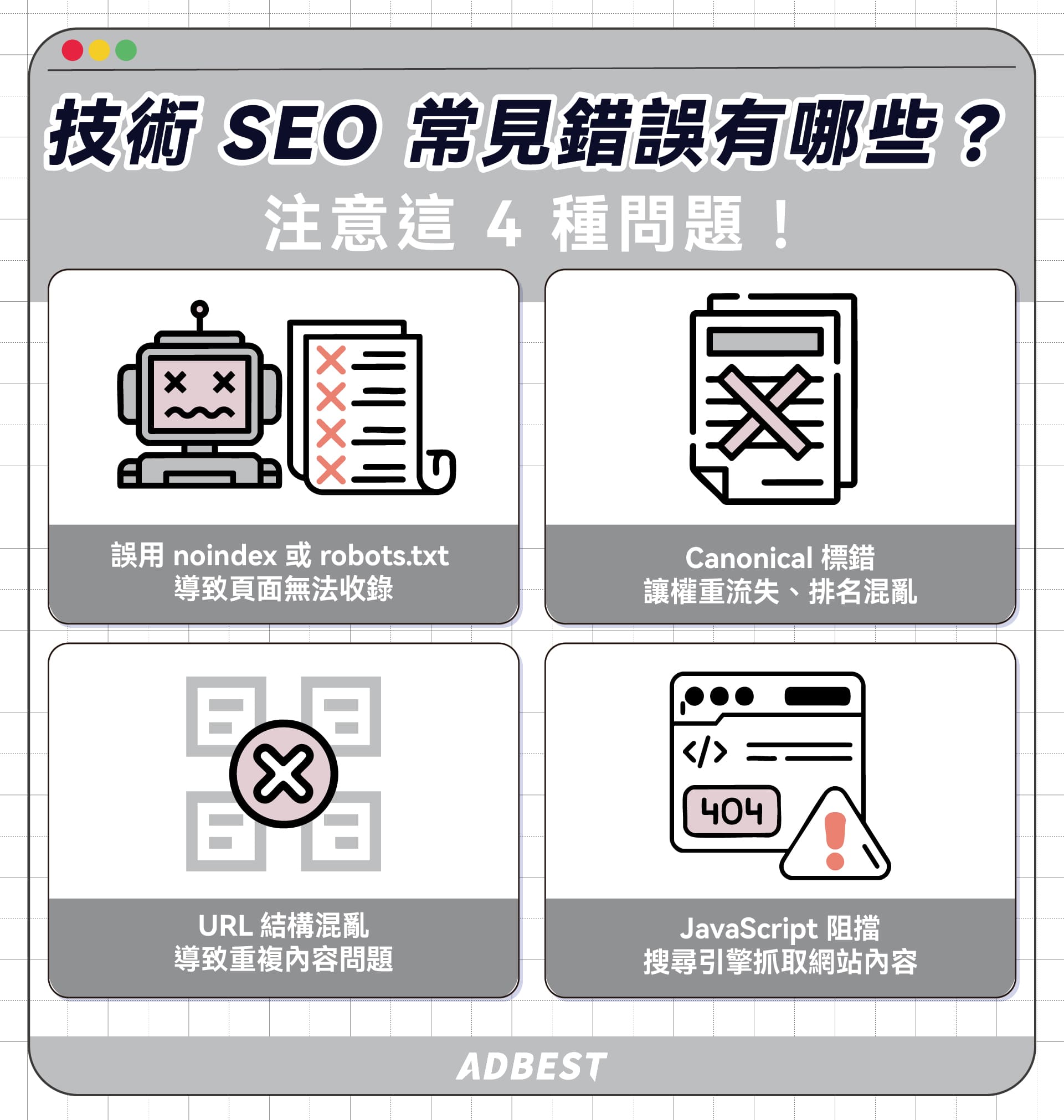 技術 SEO 常見錯誤有哪些？誤用 noindex 或 robots.txt、Canonical 標錯、URL 結構混亂、JavaScript 阻擋搜尋引擎抓取網站內容
