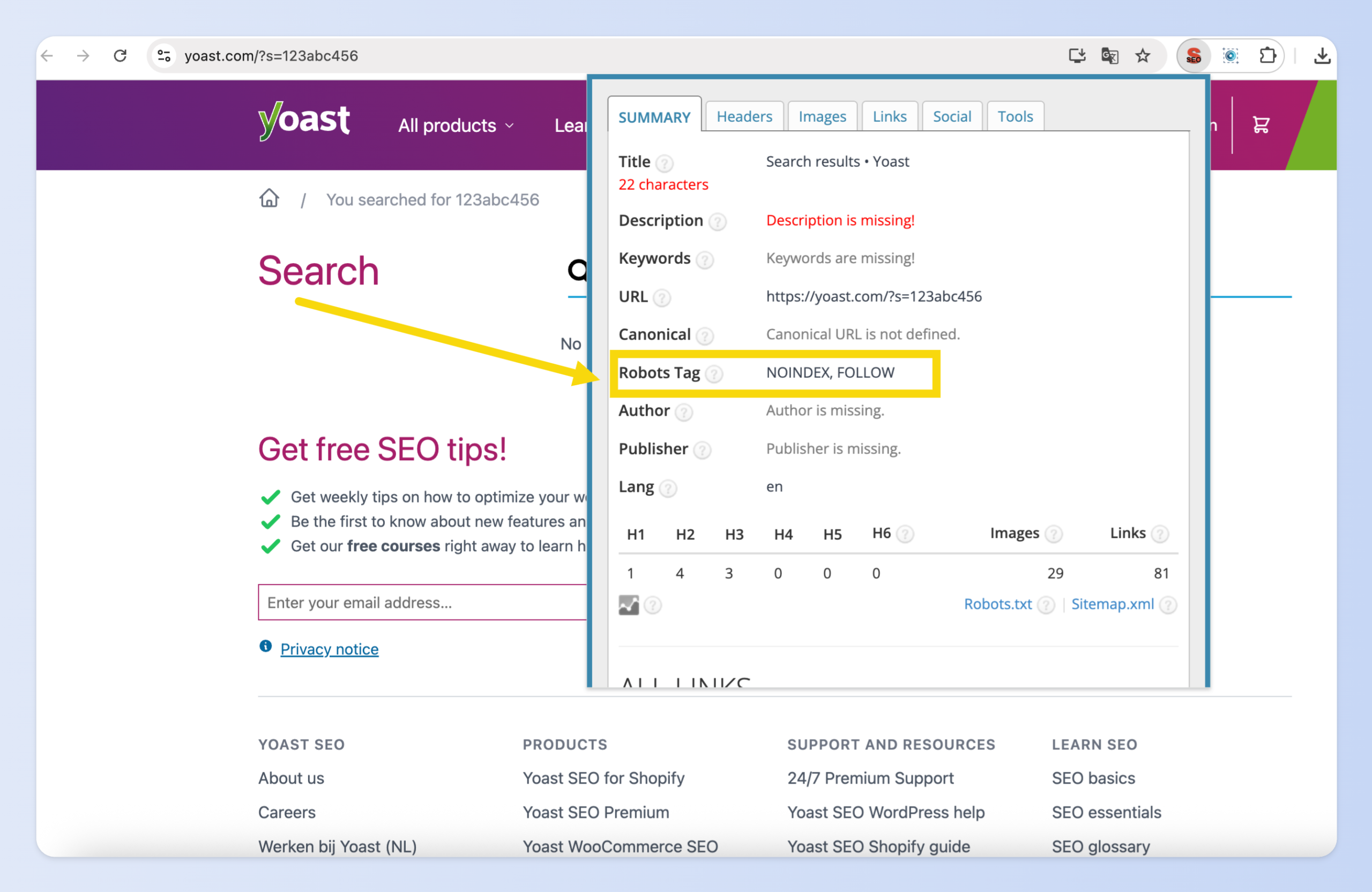 以外掛SEO META in 1 CLICK確認網頁是否套用Noindex
