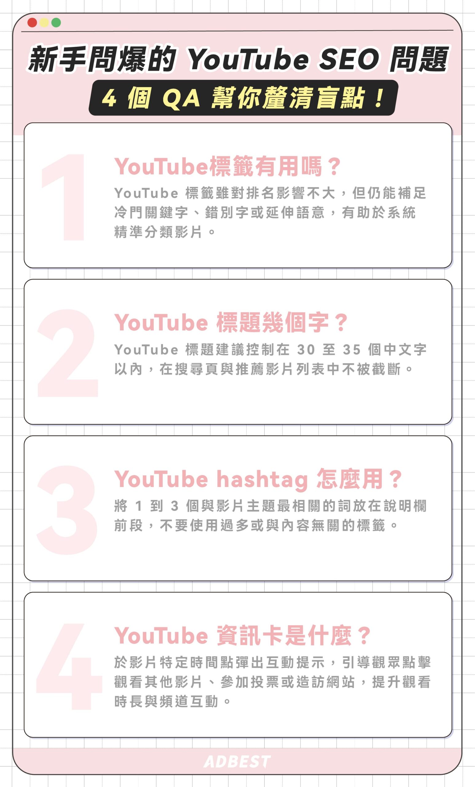 4 個 YT SEO QA 幫你釐清盲點！標籤、標題字數、hashtag、資訊卡用法都在這！