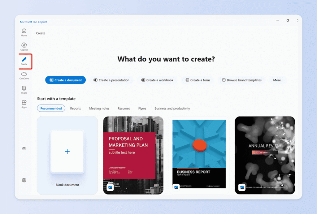 Word 裡使用 Copilot，可以使用 Create 模組建立內容