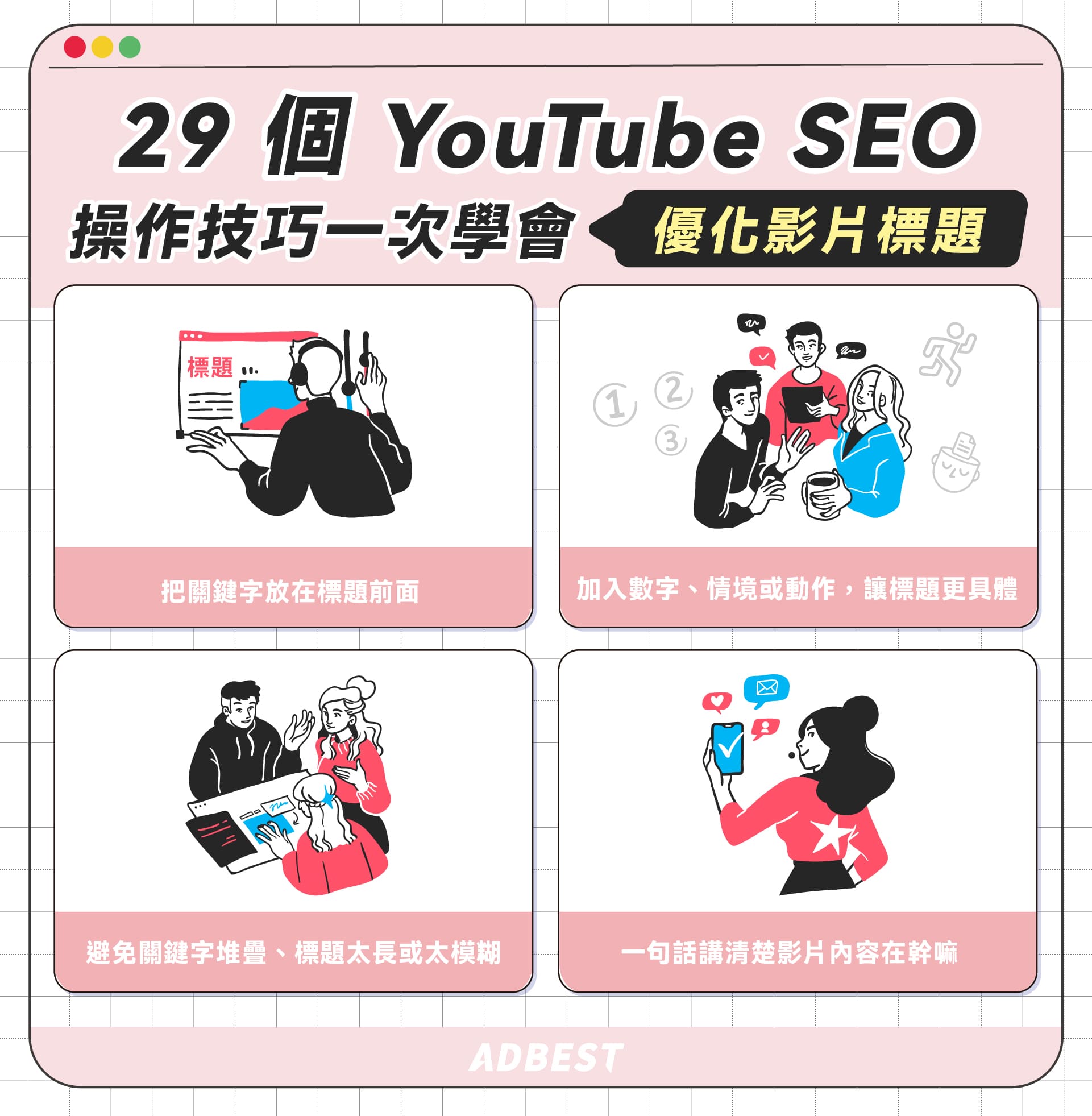 Youtube SEO 操作技巧：把關鍵字放在標題前面；加入數字、情境或動作；避免關鍵字堆疊、標題太長或太模糊；一句話講清楚影片內容在幹嘛
