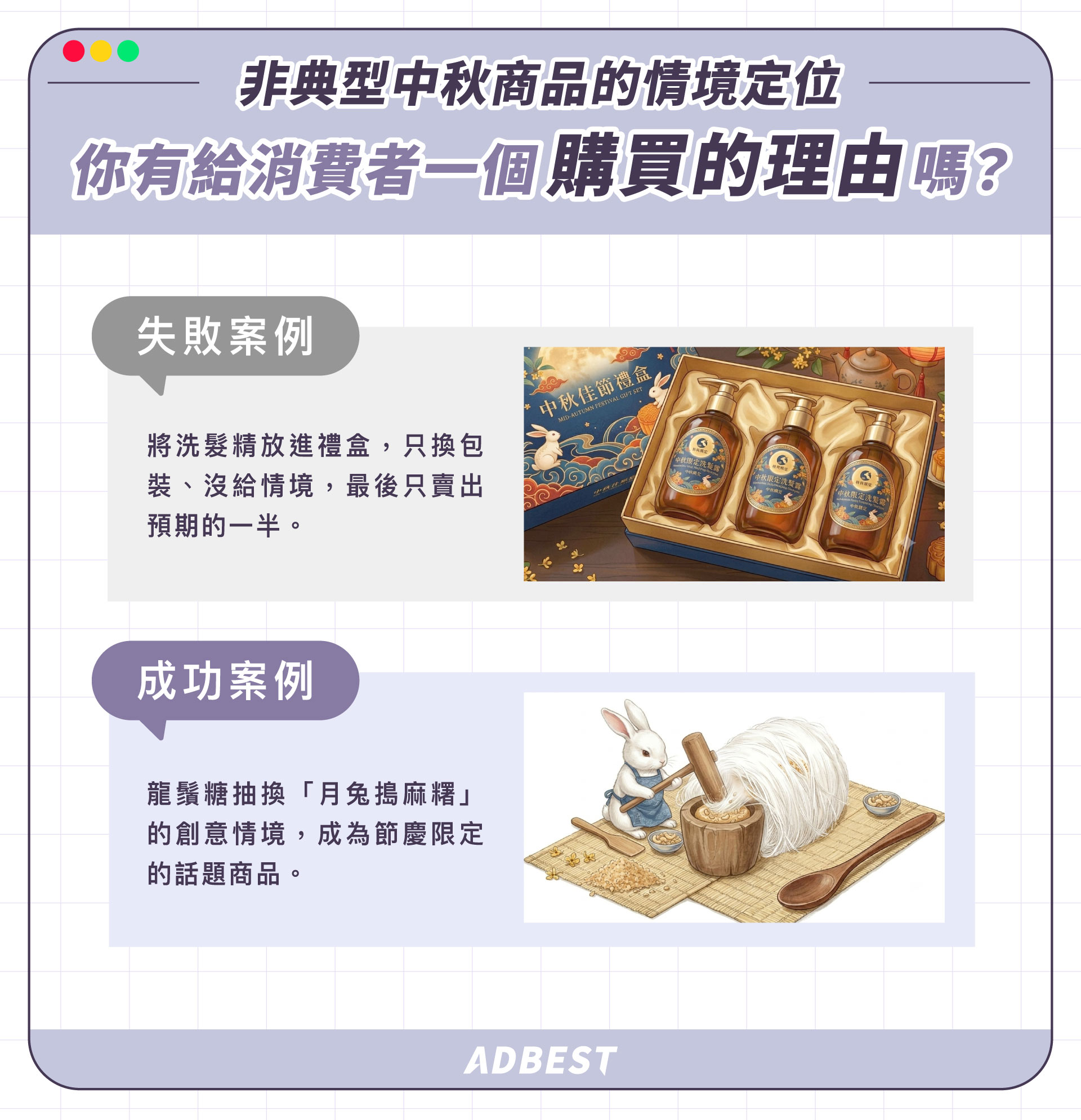 把產品硬塞進禮盒包裝是錯的，正確做法是先幫產品找到一個「中秋派得上用場」的情境，再用創意素材說出來。
