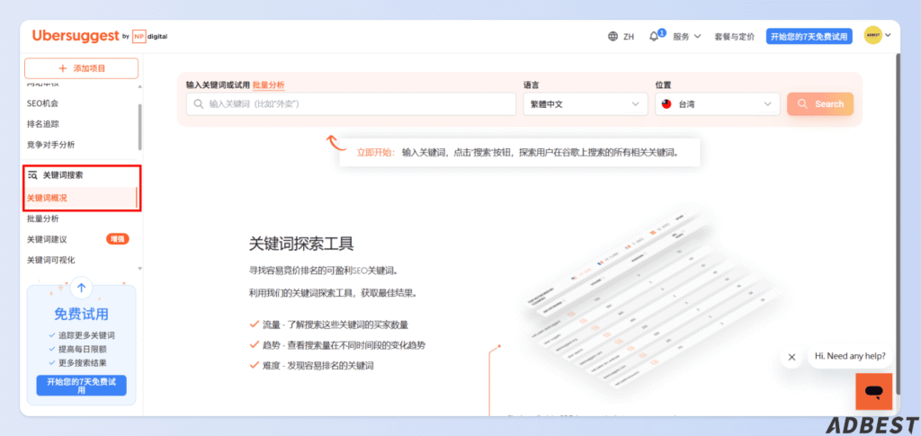 Ubersuggest 點選關鍵字概況功能
